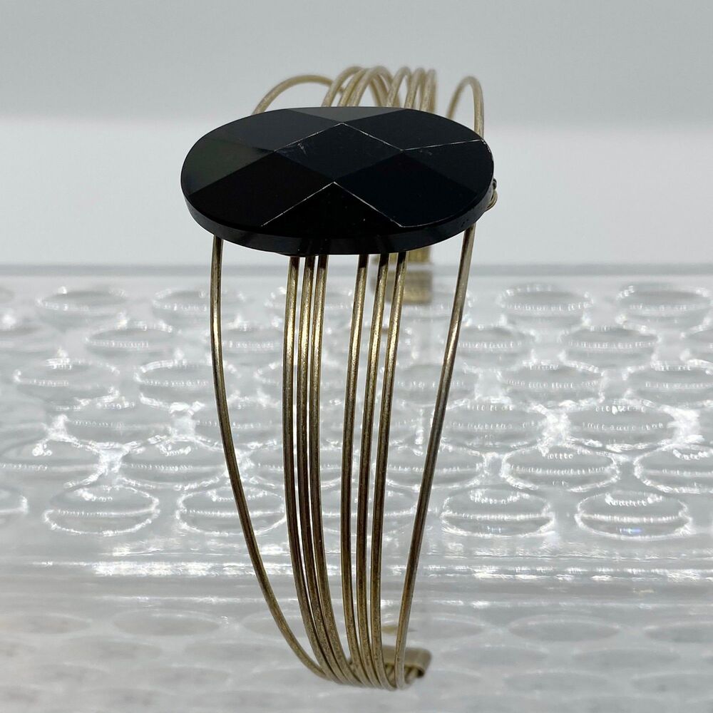 Black Stone Wire Wrap Cuff Gold Tone Bangle Handcrafted Boho Minimalist Gift